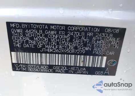 2009 Lexus Is 250 z USA, uszkodzony, nr VIN JTHBK262X95087279